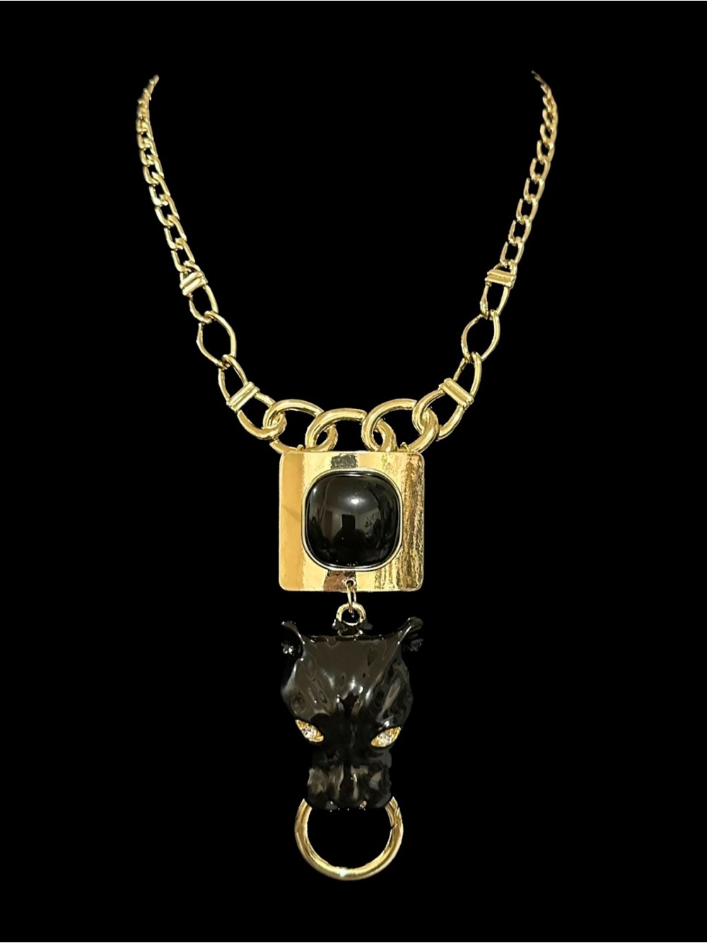 Gold Chain Necklace with Black Panther Pendant